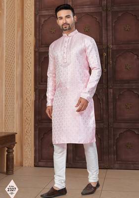 Pink banarasi jacquard festive wear kurta pajama set with thread work and fancy buttons 1