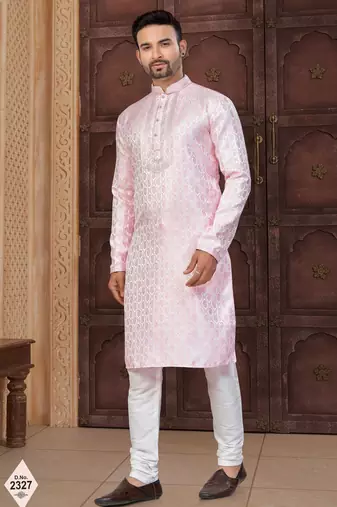 Pink banarasi jacquard festive wear kurta pajama set with thread work and fancy buttons