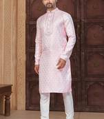 Pink banarasi jacquard festive wear kurta pajama set with thread work and fancy buttons