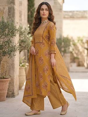 Mustard floral printed pure cotton kurta set for women 4