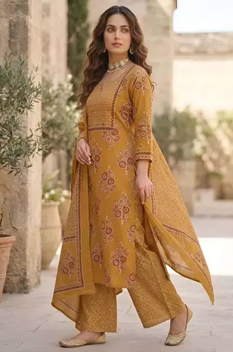 Mustard floral printed cotton kurta set for women