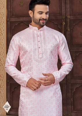 Pink banarasi jacquard festive wear kurta pajama set with thread work and fancy buttons 2