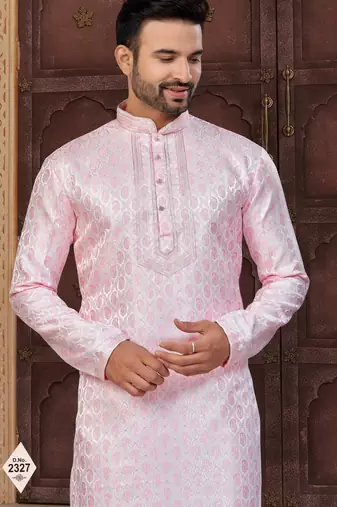Pink banarasi jacquard festive wear kurta pajama set with thread work and fancy buttons
