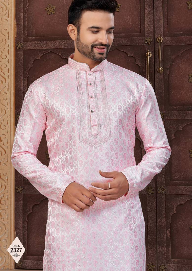 Pink banarasi jacquard festive wear kurta pajama set with thread work and fancy buttons