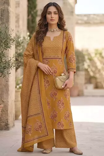 Mustard floral printed cotton kurta set for women