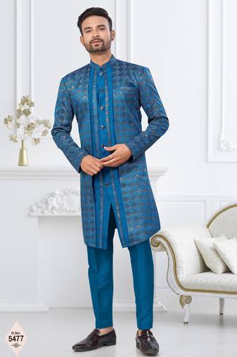 Royal blue jacket-style indo-western set with thread and stone work, perfect for weddings and festive occasions.