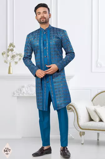 Royal blue jacket-style indo-western set with thread and stone work, perfect for weddings and festive occasions.