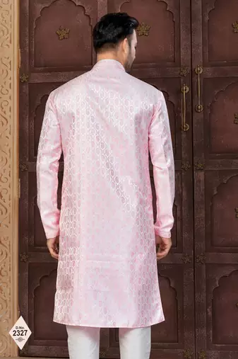 Pink banarasi jacquard festive wear kurta pajama set with thread work and fancy buttons