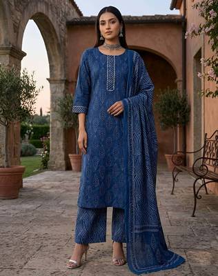Blue floral printed pure cotton kurta set for women 1