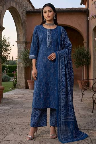Blue floral printed cotton kurta set for women
