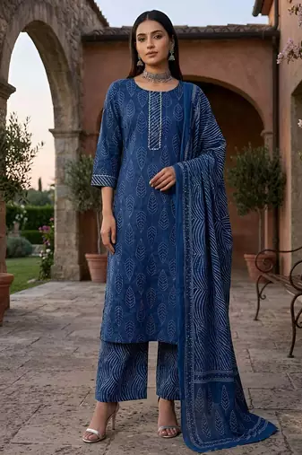 Blue floral printed cotton kurta set for women