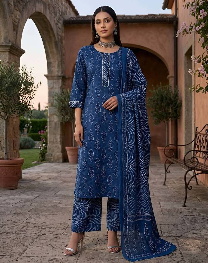 Blue floral printed pure cotton kurta set for women