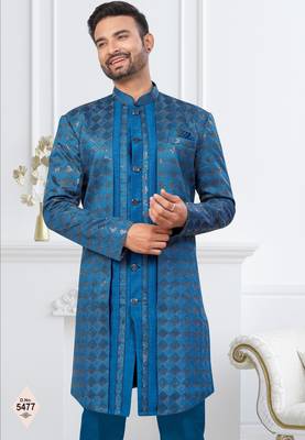 Royal blue jacket-style indo-western set with thread and stone work, perfect for weddings and festive occasions. 2