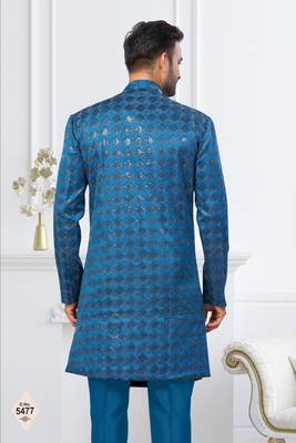Royal blue jacket-style indo-western set with thread and stone work, perfect for weddings and festive occasions. 3