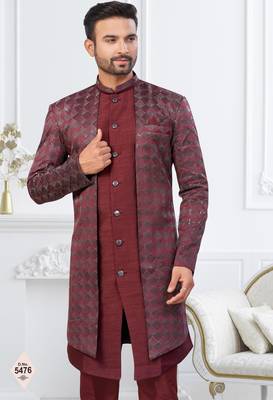 Dark maroon jacket-style indo-western set with thread and stone work, perfect for weddings and festive occasions. 2