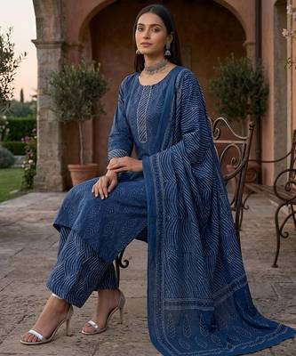 Blue floral printed pure cotton kurta set for women 3