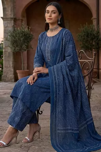 Blue floral printed cotton kurta set for women