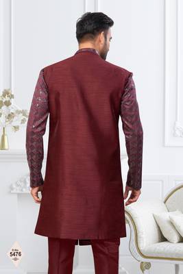 Dark maroon jacket-style indo-western set with thread and stone work, perfect for weddings and festive occasions. 3