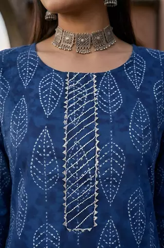 Blue floral printed cotton kurta set for women