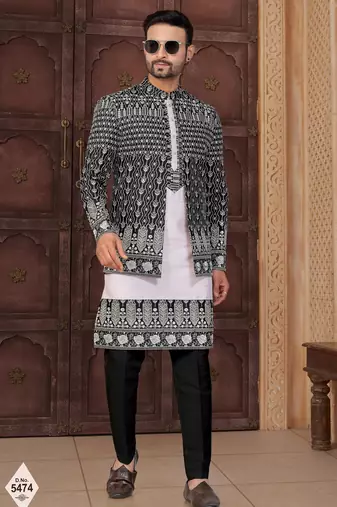 Black jacket-style indo-western set with thread and stone work, perfect for weddings and festive occasions.