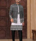 Black jacket-style indo-western set with thread and stone work, perfect for weddings and festive occasions.