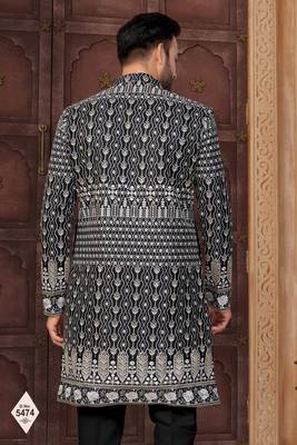 Black jacket-style indo-western set with thread and stone work, perfect for weddings and festive occasions. 3