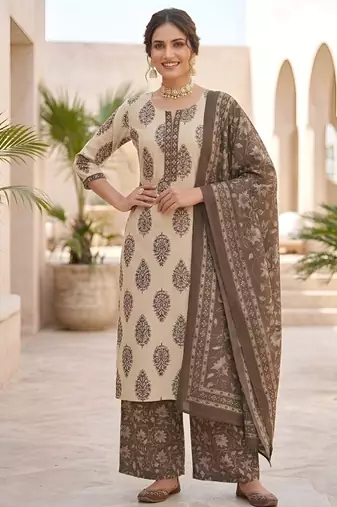 Beige floral printed cotton kurta set for women