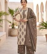 Beige floral printed pure cotton kurta set for women