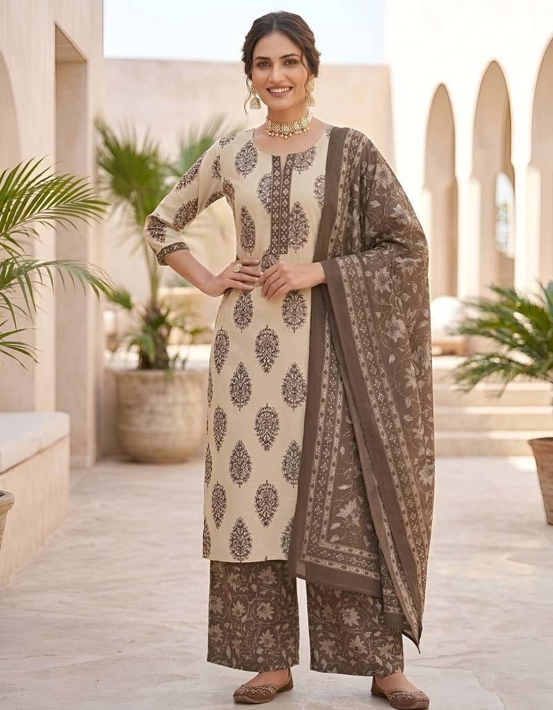 Beige floral printed pure cotton kurta set for women