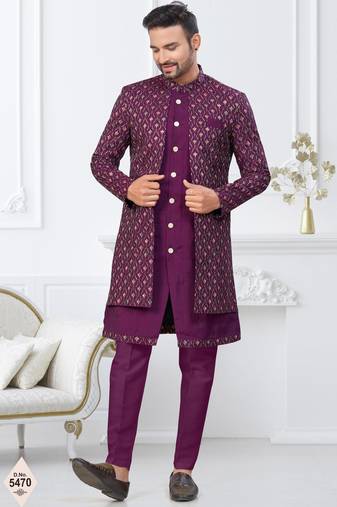 Purple jacket-style indo-western set with thread and stone work, perfect for weddings and festive occasions.