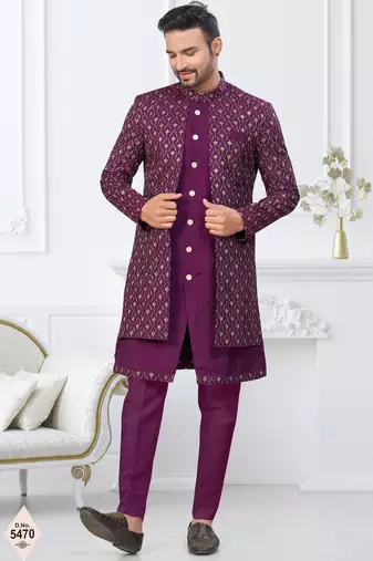 Purple jacket-style indo-western set with thread and stone work, perfect for weddings and festive occasions.