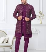 Purple jacket-style indo-western set with thread and stone work, perfect for weddings and festive occasions.