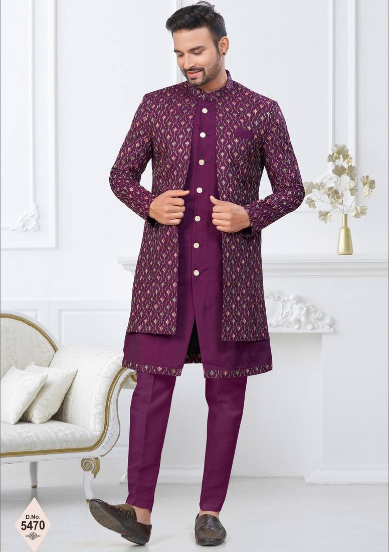 Purple jacket-style indo-western set with thread and stone work, perfect for weddings and festive occasions.
