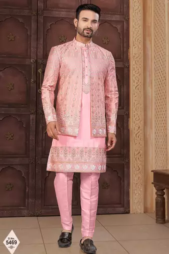 Pink jacket-style indo-western set with thread and stone work, perfect for weddings and festive occasions.