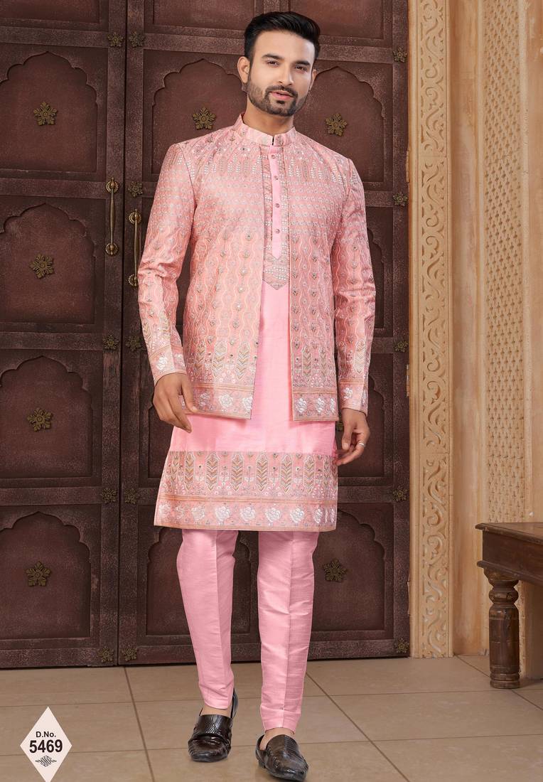 Pink jacket-style indo-western set with thread and stone work, perfect for weddings and festive occasions.