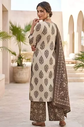 Beige floral printed cotton kurta set for women