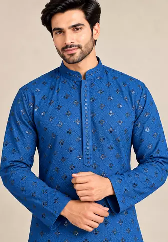 Blue Trending Heavy Rayon Lakhnavi Sequin Thread Work Ethnic Festive Wear Kurta With Pyjama