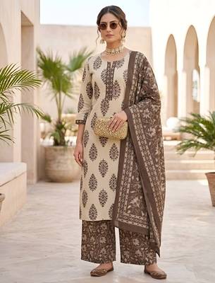 Beige floral printed pure cotton kurta set for women 3