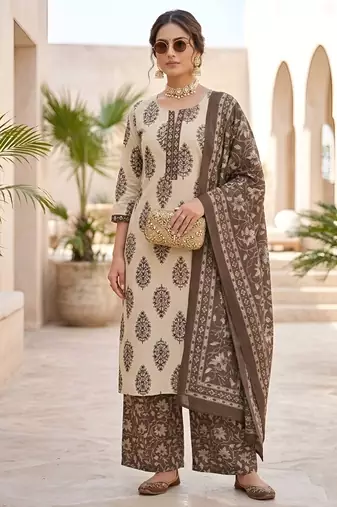 Beige floral printed cotton kurta set for women