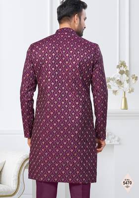 Purple jacket-style indo-western set with thread and stone work, perfect for weddings and festive occasions. 3