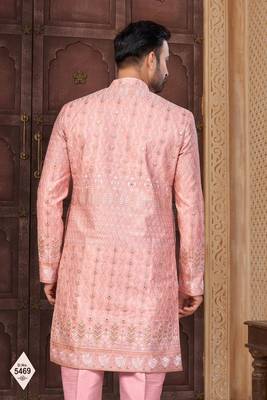 Pink jacket-style indo-western set with thread and stone work, perfect for weddings and festive occasions. 3