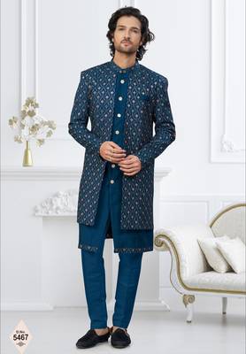 Blue jacket-style indo-western set with thread and stone work, perfect for weddings and festive occasions. 1