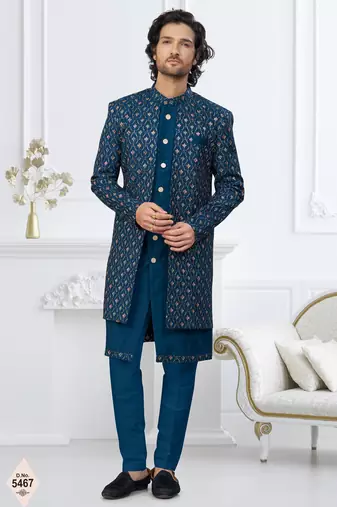 Blue jacket-style indo-western set with thread and stone work, perfect for weddings and festive occasions.