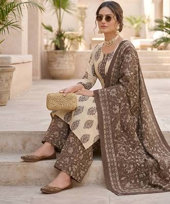 Beige floral printed pure cotton kurta set for women 4