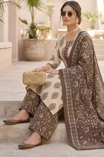 Beige floral printed cotton kurta set for women