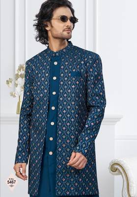 Blue jacket-style indo-western set with thread and stone work, perfect for weddings and festive occasions. 2