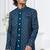 Blue jacket-style indo-western set with thread and stone work, perfect for weddings and festive occasions.