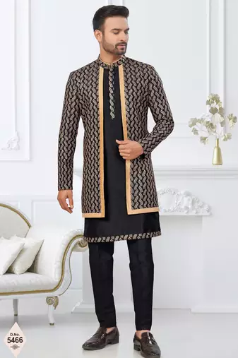 Black jacket-style indo-western set with thread and stone work, perfect for weddings and festive occasions.