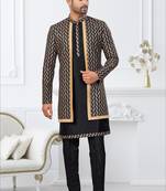 Black jacket-style indo-western set with thread and stone work, perfect for weddings and festive occasions.