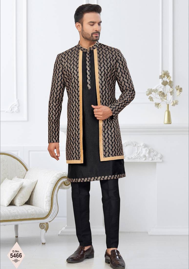 Black jacket-style indo-western set with thread and stone work, perfect for weddings and festive occasions.